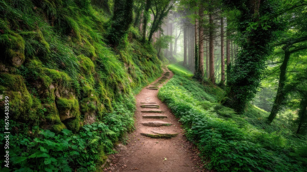 Obraz premium Peaceful hiking trail through lush forest enchanting nature serene environment captivating viewpoint