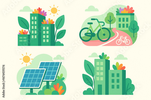Green futuristic city icons with gardens and solar energy