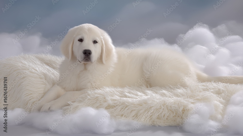 Fototapeta premium Playful white puppy on soft clouds dreamy atmosphere pet photography whimsical setting side view adorable concept
