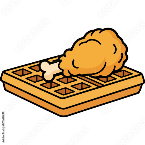 Delicious chicken and waffles cartoon graphic, visual content suitable for use in hotel or restaurant presentations, social media ads, food menu cards, recipe blogs, and cooking videos.