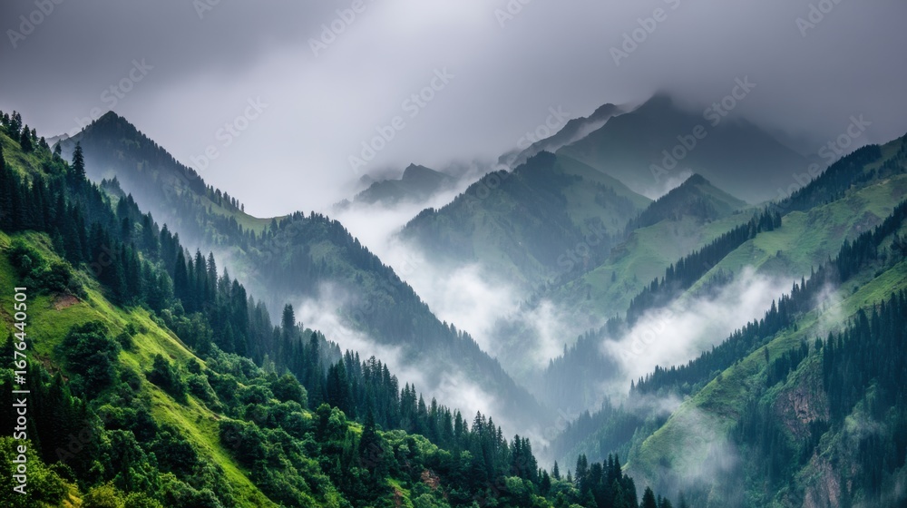 Obraz premium Misty mountain range landscape serene nature scene rolling hills cloudy sky panoramic view tranquil environment
