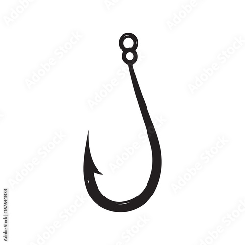 Simple Black Fishing Hook With Barb and Eye on White Background