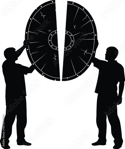 Men holding broken shield silhouette vector illustration art