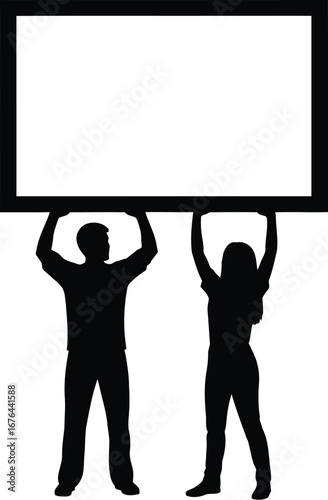Silhouette people holding blank sign protest banner demonstration