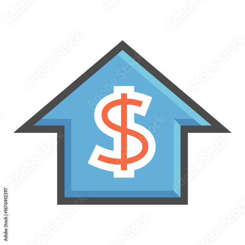 House value or asset vector icon. House with a dollar symbol, representing house as valuable financial asset. Ideal for real estate marketing, property investment and homeownership value concepts.