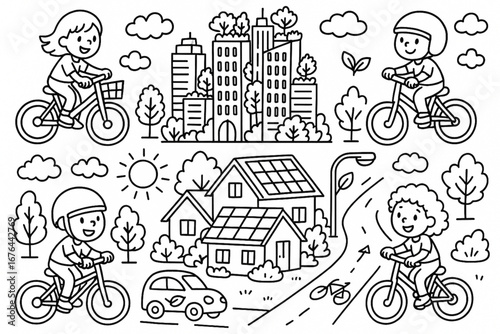 Doodle icons of children on bicycles and futuristic eco-friendly streets