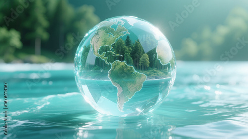 Environmental protection theme, translucent crystal globe, with forests and oceans reflected inside, clear light and shadow
