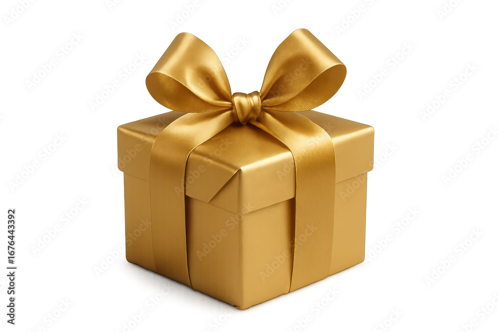 Obraz premium Golden gift box wrapped with silk ribbon on transparent background