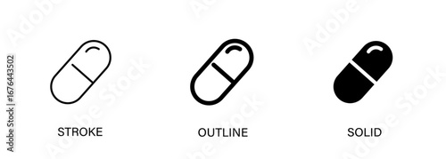 Pill icons for medical, pharmacy, hospital, health, capsule, pharmaceutical and ui design. Vector stroke, outline and solid icons.