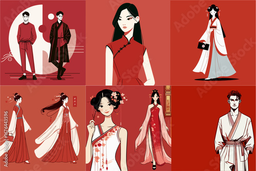 vector illustration set of a chinese fashion model red background