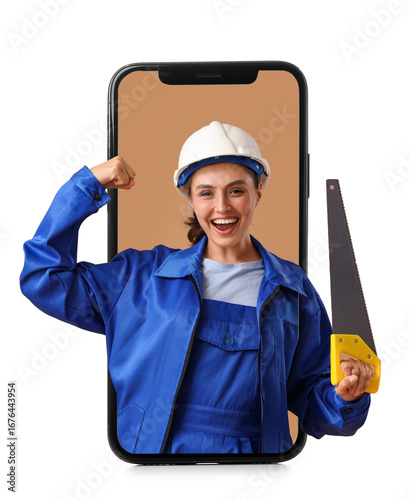 Happy female worker with ha...