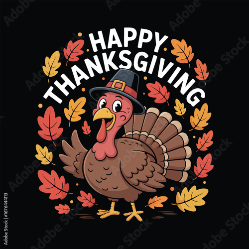Cheerful cartoon turkey wearing a pilgrim hat stands among autumn leaves, celebrating Happy Thanksgiving