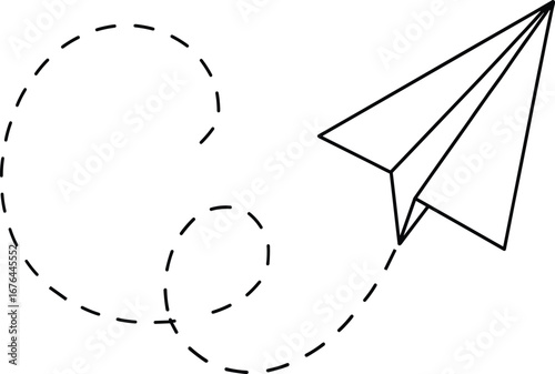 Black Outline of Paper Airplane with Dashed Line Flight Path on White Background origami