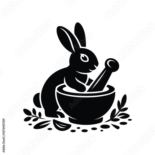 Cute black rabbit preparing natural herbal remedies in a mortar and pestle with leaves