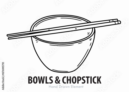 Black metal chopsticks rest on a white bowl , a simple vector illustration of Japanese restaurant cuisine