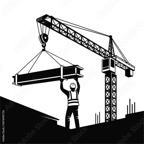 Construction worker guides heavy steel beam lifted by tower crane on building site