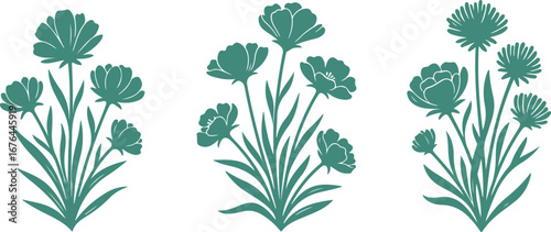 Three stylized green floral bouquets with delicate leaves on a white background