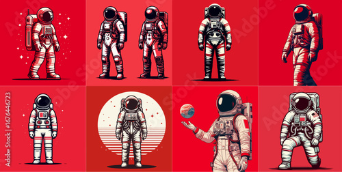 astronaut vector illustration set on red background