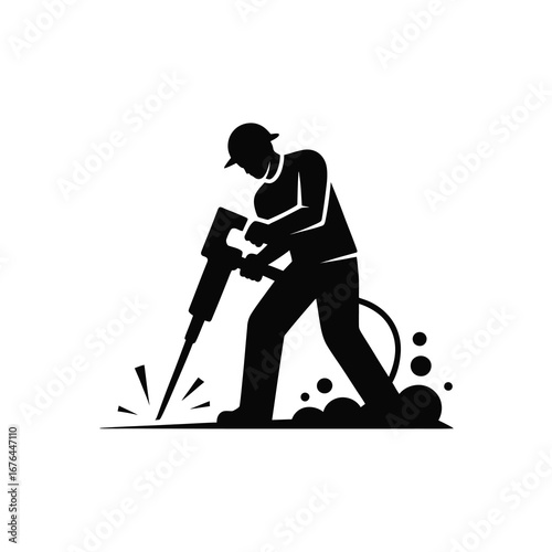 Silhouette of construction worker using a jackhammer for demolition and breaking ground symbol