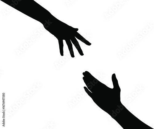 Two black silhouette hands reaching towards each other on a white background helping connection