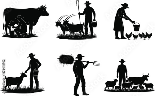 Farming silhouette vector, cow milking, goat feeding, chicken care, hay carrying, livestock interaction, rural agriculture, farm animals, black illustration, editable