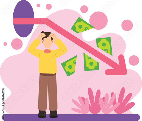Man stressed with falling money value illustration