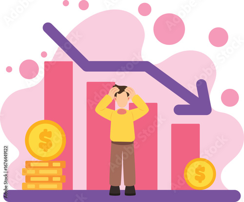 Man stressed with financial decline chart illustration