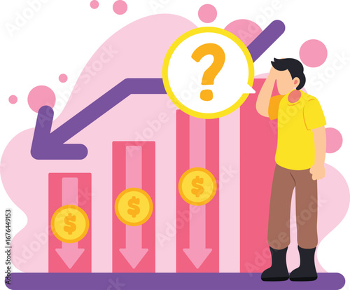 Confused man facing financial loss chart illustration