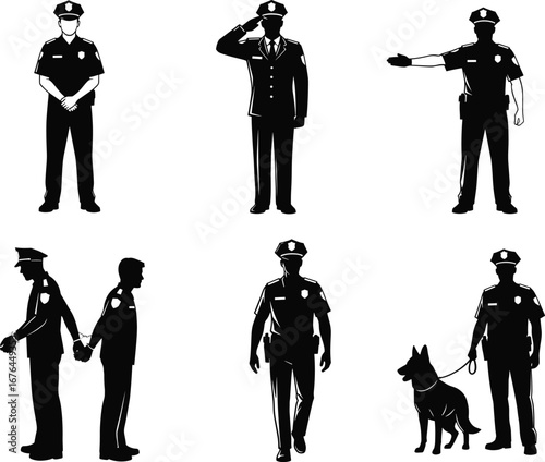 Police officer silhouette vector illustration, law enforcement actions, salute pose, handcuffing suspect, patrol walking, police dog handler, security personnel graphic, black and white