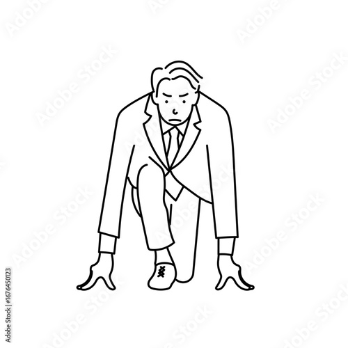 黒線で描かれたスタートポジションのビジネスマンのベクター線画イラスト