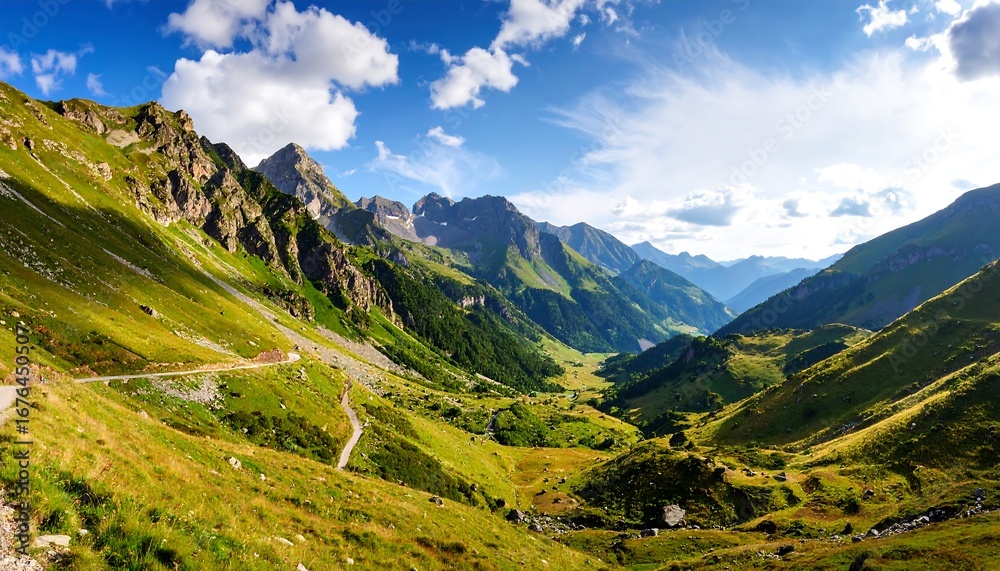 Fototapeta premium Mountain valley scene, vibrant greens, winding road