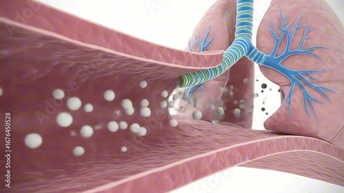 Detailed illustration of lung anatomy showcasing airflow and particle movement within airways