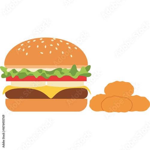Juicy cheeseburgers and crispy nuggets on a minimal background—an illustration suitable for digital menu boards, kiosk QR menus, e-commerce product cards, and website hero banners.