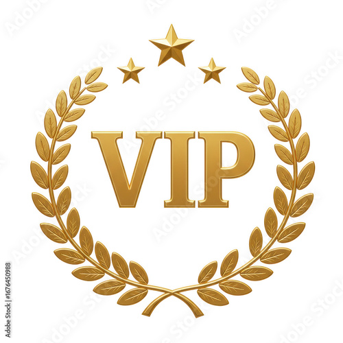 Golden vip laurel wreath with stars emblem symbolizing prestige and achievement transparent background