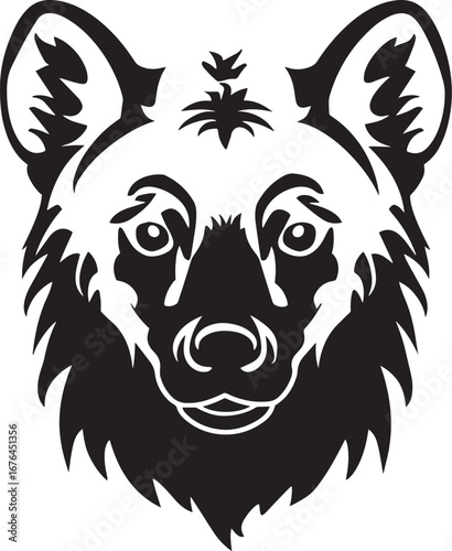 A black and white illustration of a bear's head with a detailed fur pattern.