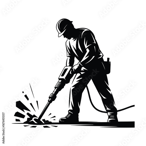 Construction worker silhouette with jackhammer breaking ground in dynamic action pose