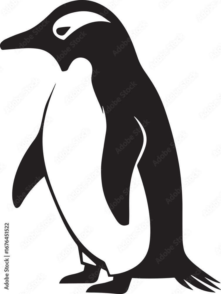 Obraz premium A black and white illustration of a penguin standing on a white background.