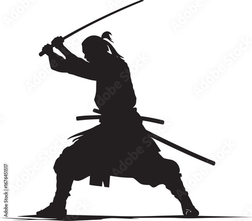 A silhouette of a samurai warrior with a katana in a fighting stance.
