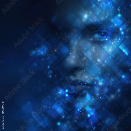 Abstract digital portrait of a face, featuring a woman's face overlaid with a mosaic of blue squares and glowing particles