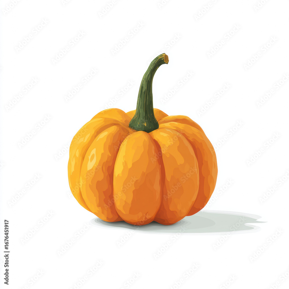Obraz premium Vibrant orange pumpkin with green stem, seasonal autumn harvest, healthy fresh vegetable, rustic outdoor decor, perfect for fall festivities and Thanksgiving