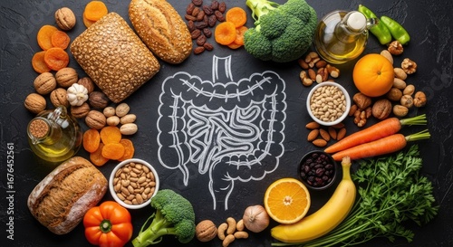 Intestine surrounded by healthy foods including vegetables, fruits, and nuts, illustrating gut health and nutrition Gut health concept with healthy food and digestive system