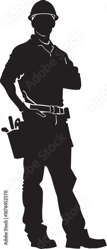 A black and white silhouette of a construction worker standing confidently with tools in their belt.