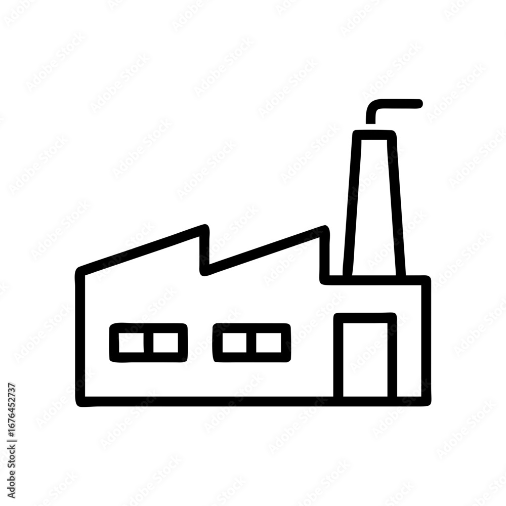Illustration of a factory with a tall chimney and two windows in a simple black outline design style Illustration of a factory with a tall chimney and two windows in a simple black outline design style