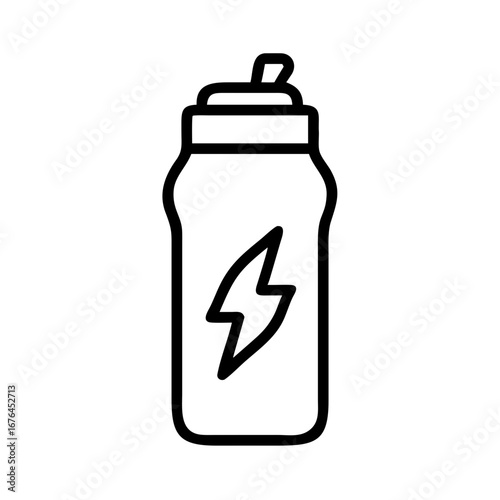 Illustration of a reusable water bottle with a lightning bolt symbol on its side in black outline style