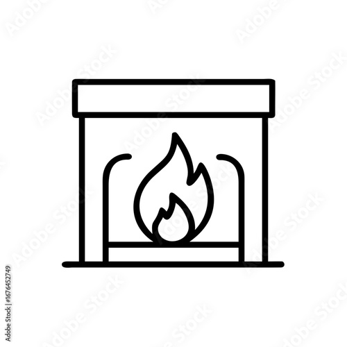 Illustration of a fireplace with a visible flame in a simple black outline style on a white background