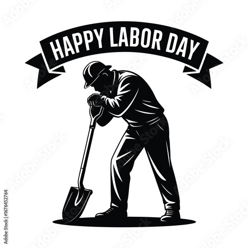 Happy labor day graphic celebrates hardworking individuals with a shovel and celebratory banner