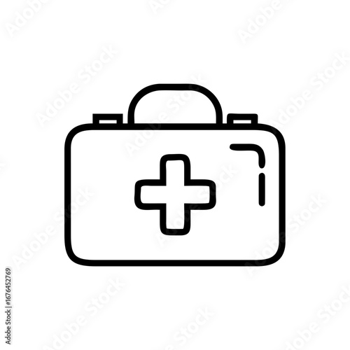 Outline drawing of a first aid kit with a cross symbol in the center and a handle on the top part of it