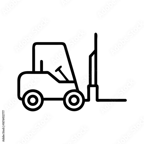 Outline drawing of a forklift with visible wheels steering and lifting mechanism on a white background