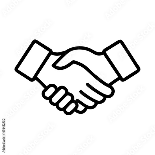 Illustration of two hands shaking in agreement with cuffs visible in a simple black outline style