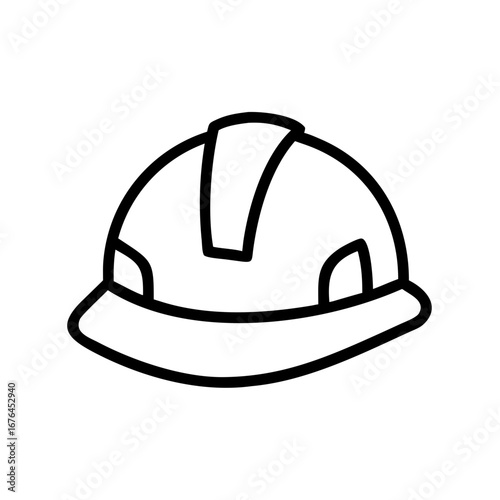 Illustration of a white construction helmet with a black outline and a stripe on the top center part